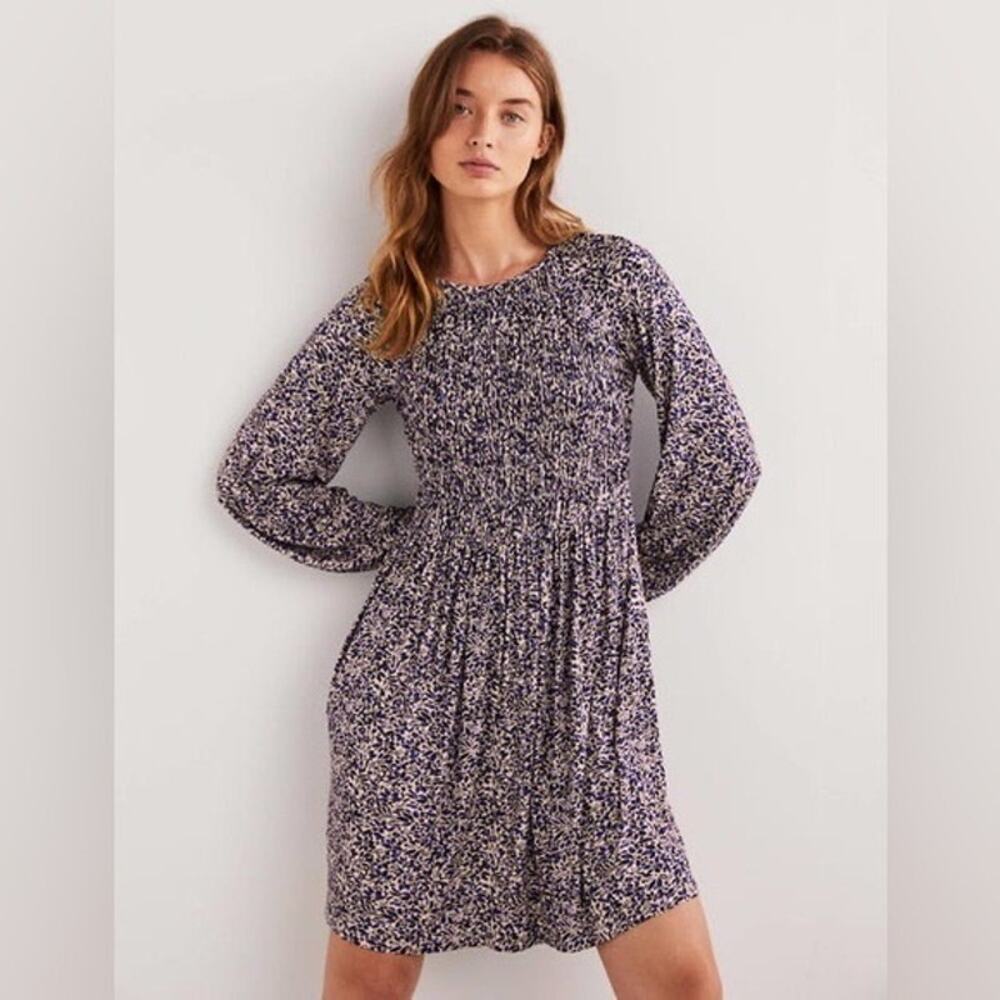 Boden Smocked Bodice Jersey Knit Floral Dress in Blue and Beige Sz 8R US